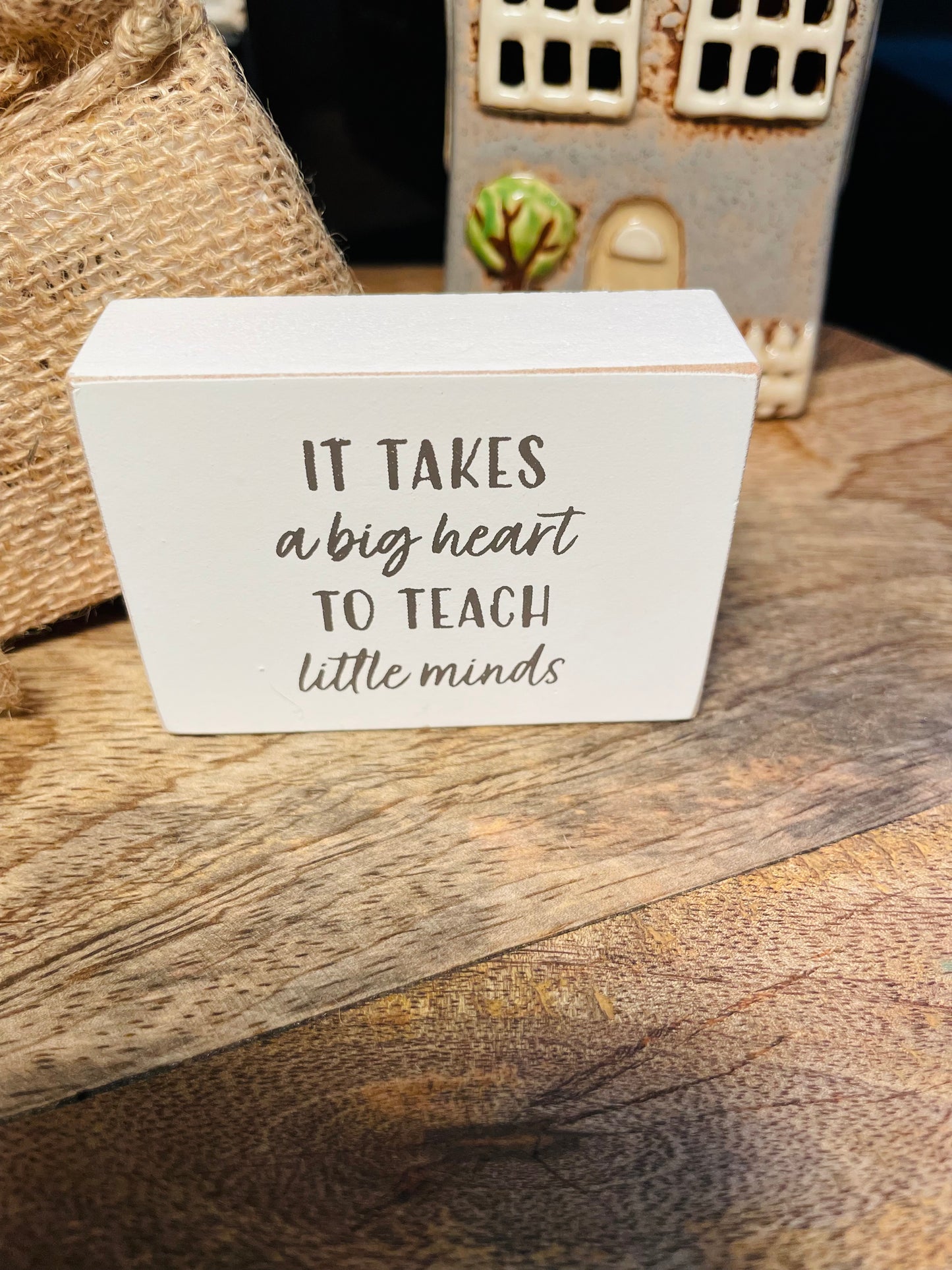 Teacher Wooden Gratitude Block With Hessian Gift Pouch