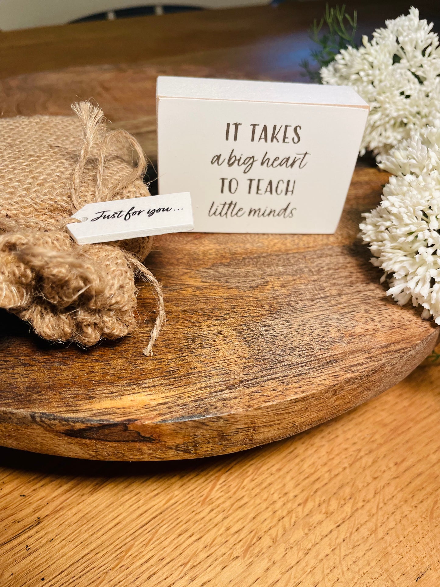 Teacher Wooden Gratitude Block With Hessian Gift Pouch