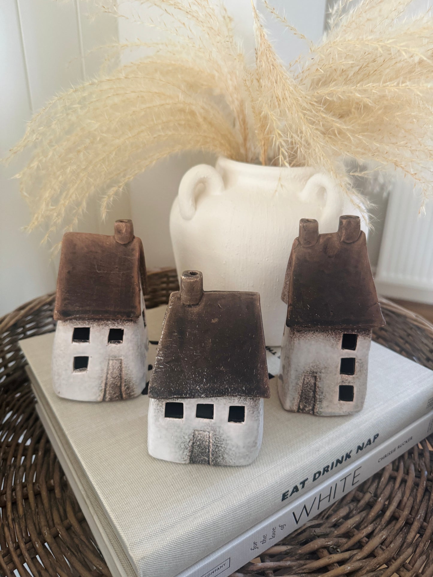 Set of 3 LED Speckled White Rustic Houses - 2 size options