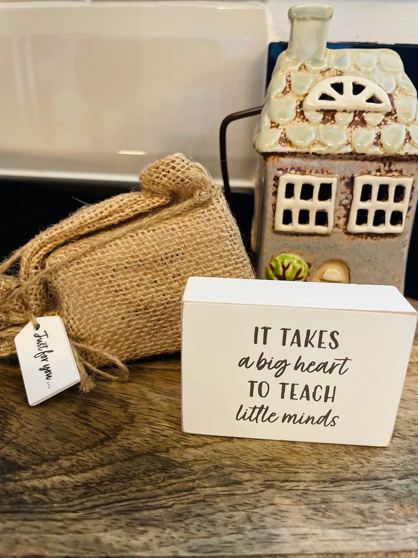 Teacher Wooden Gratitude Block With Hessian Gift Pouch