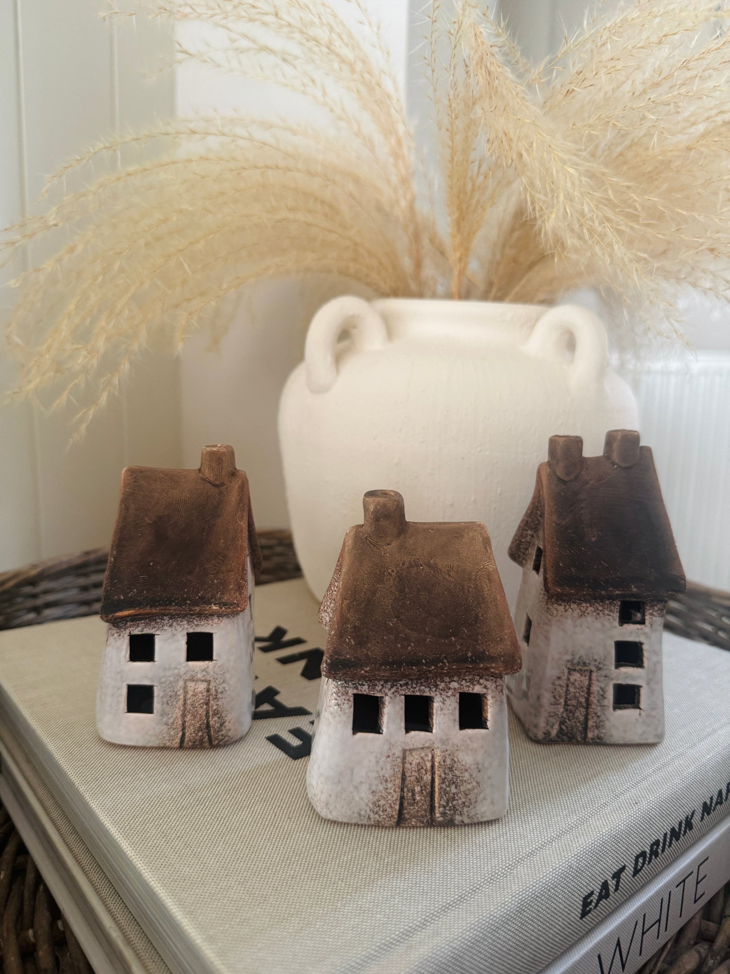 Set of 3 LED Speckled White Rustic Houses - 2 size options