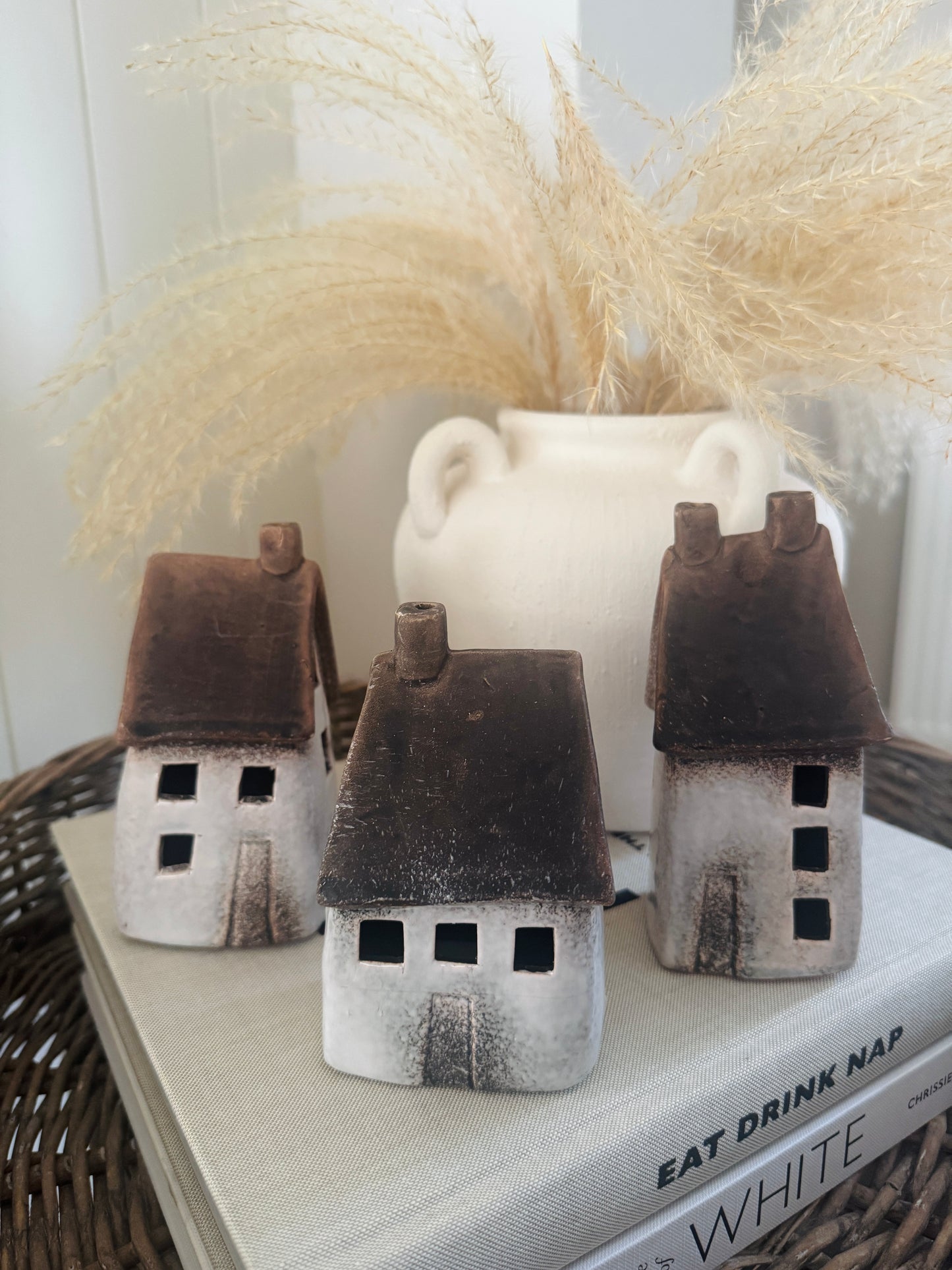 Set of 3 LED Speckled White Rustic Houses - 2 size options