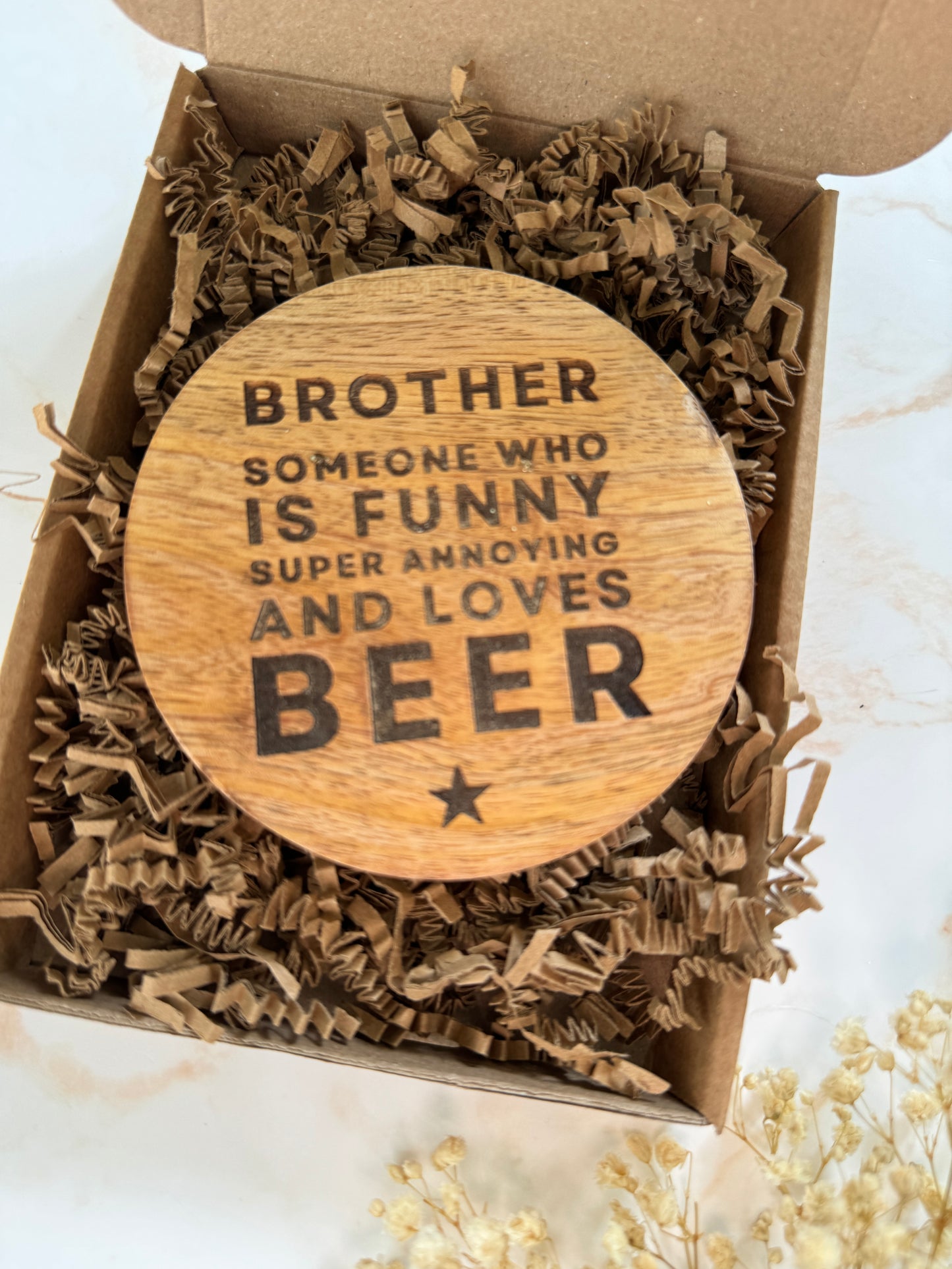 'Brother' Round Wooden Coaster