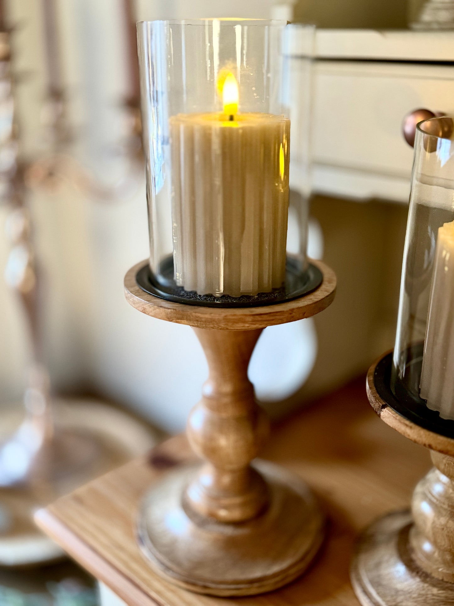 Wooden and Glass Pillar Candle Holder