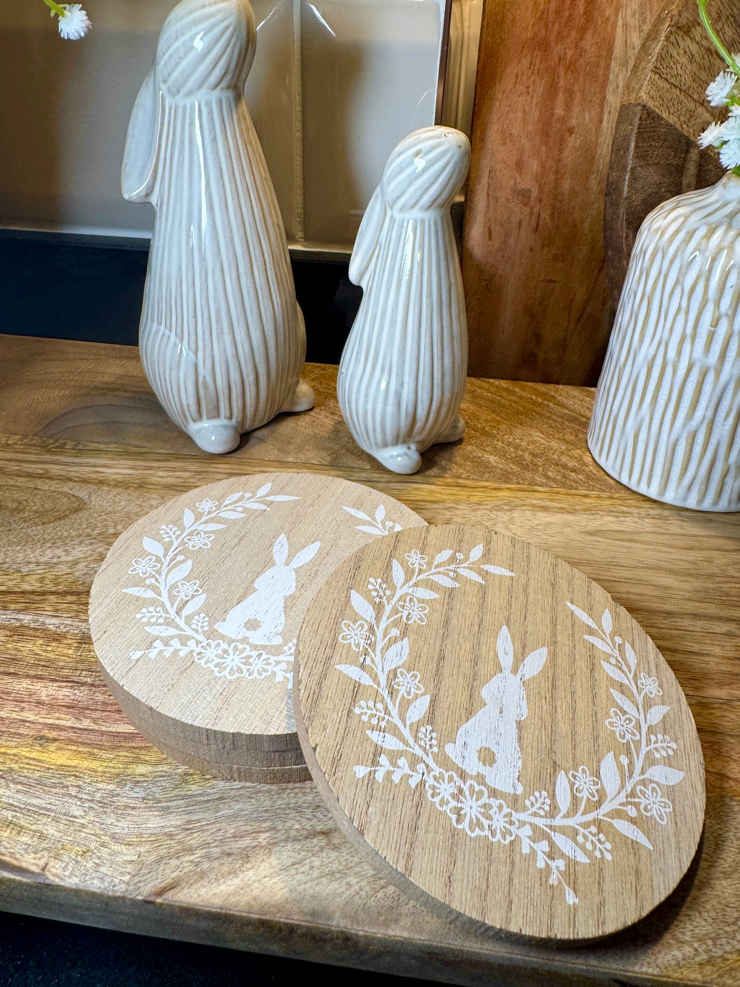 Round Wooden Bunny Coaster Set