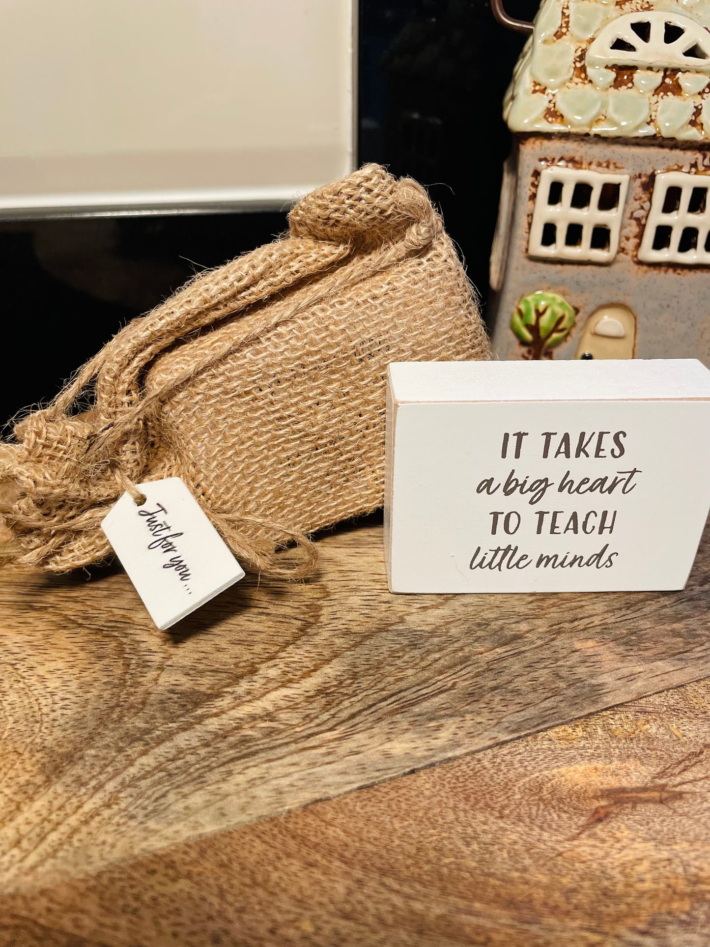 Teacher Wooden Gratitude Block With Hessian Gift Pouch