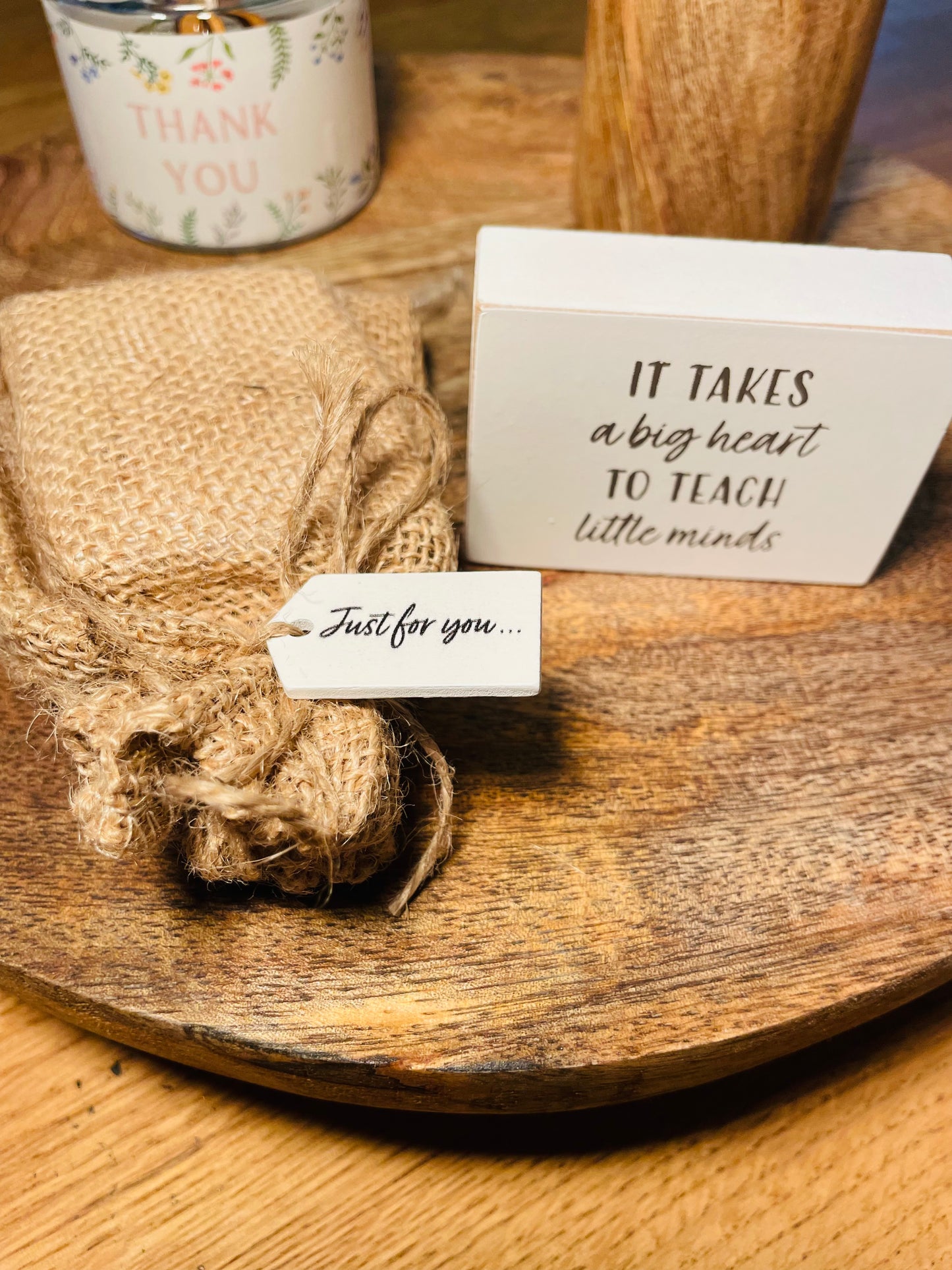 Teacher Wooden Gratitude Block With Hessian Gift Pouch