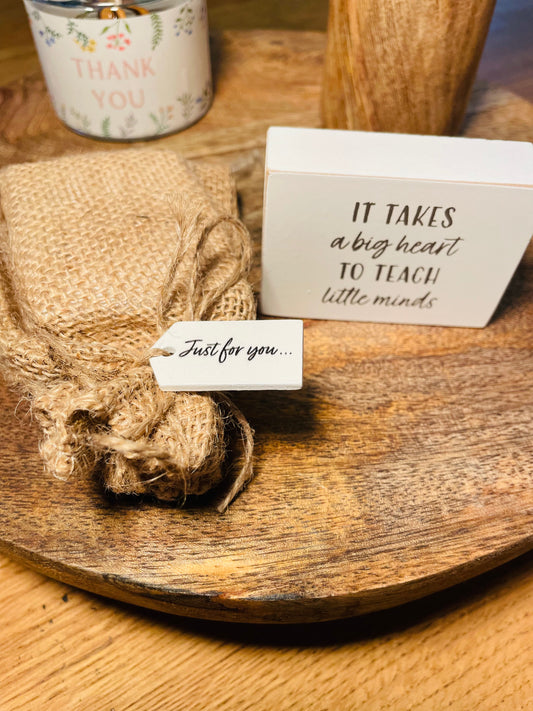 Teacher Wooden Gratitude Block With Hessian Gift Pouch