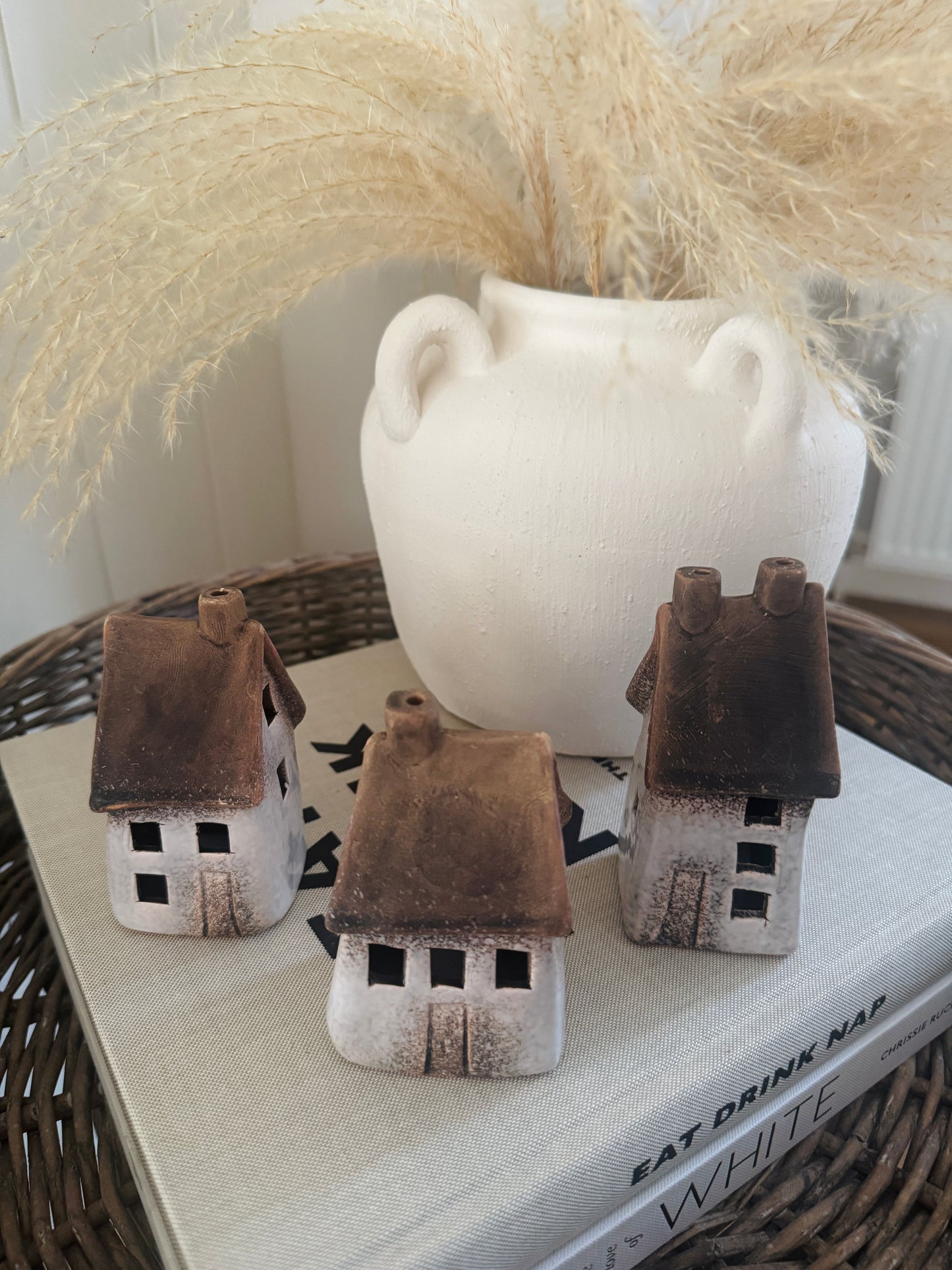 Set of 3 LED Speckled White Rustic Houses - 2 size options