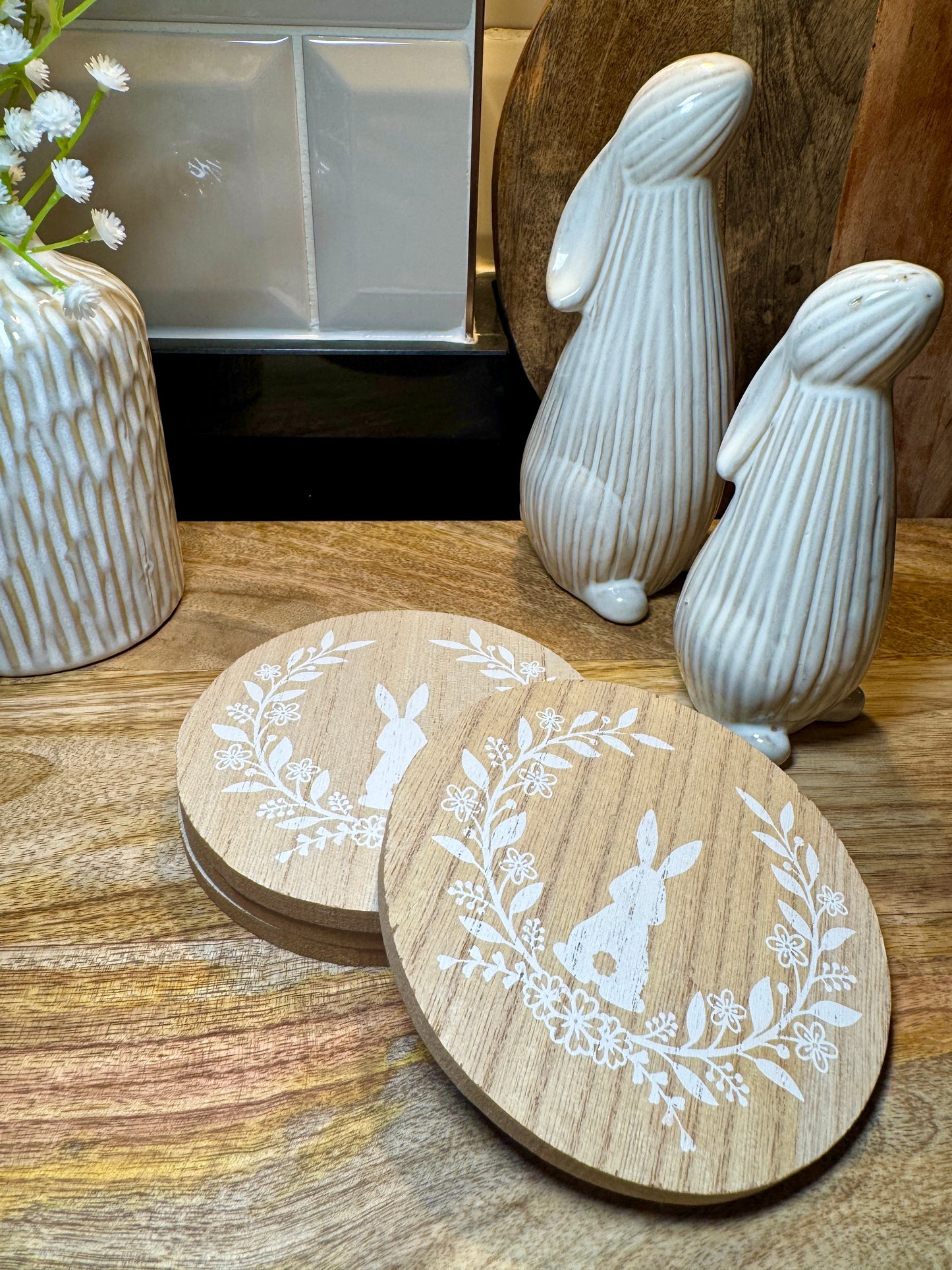 Round Wooden Bunny Coaster Set