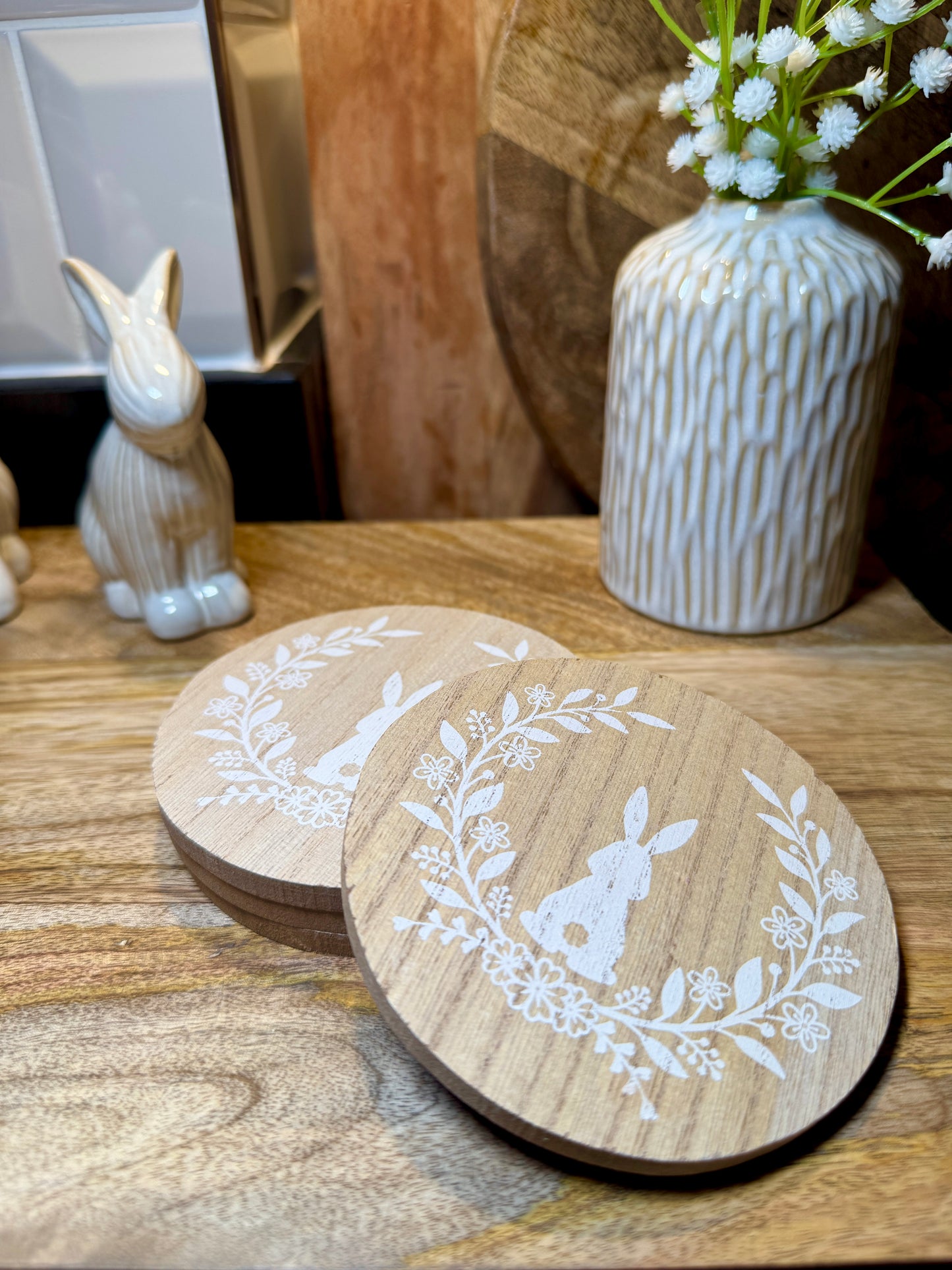Round Wooden Bunny Coaster Set