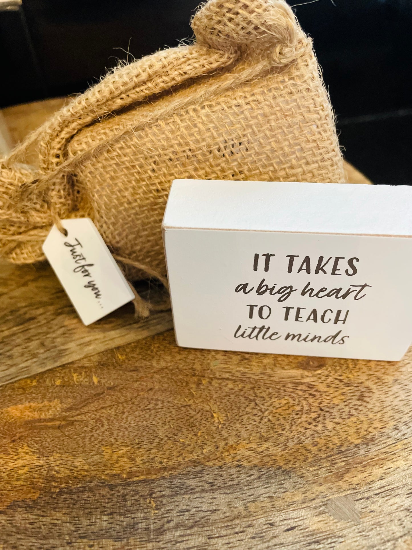 Teacher Wooden Gratitude Block With Hessian Gift Pouch