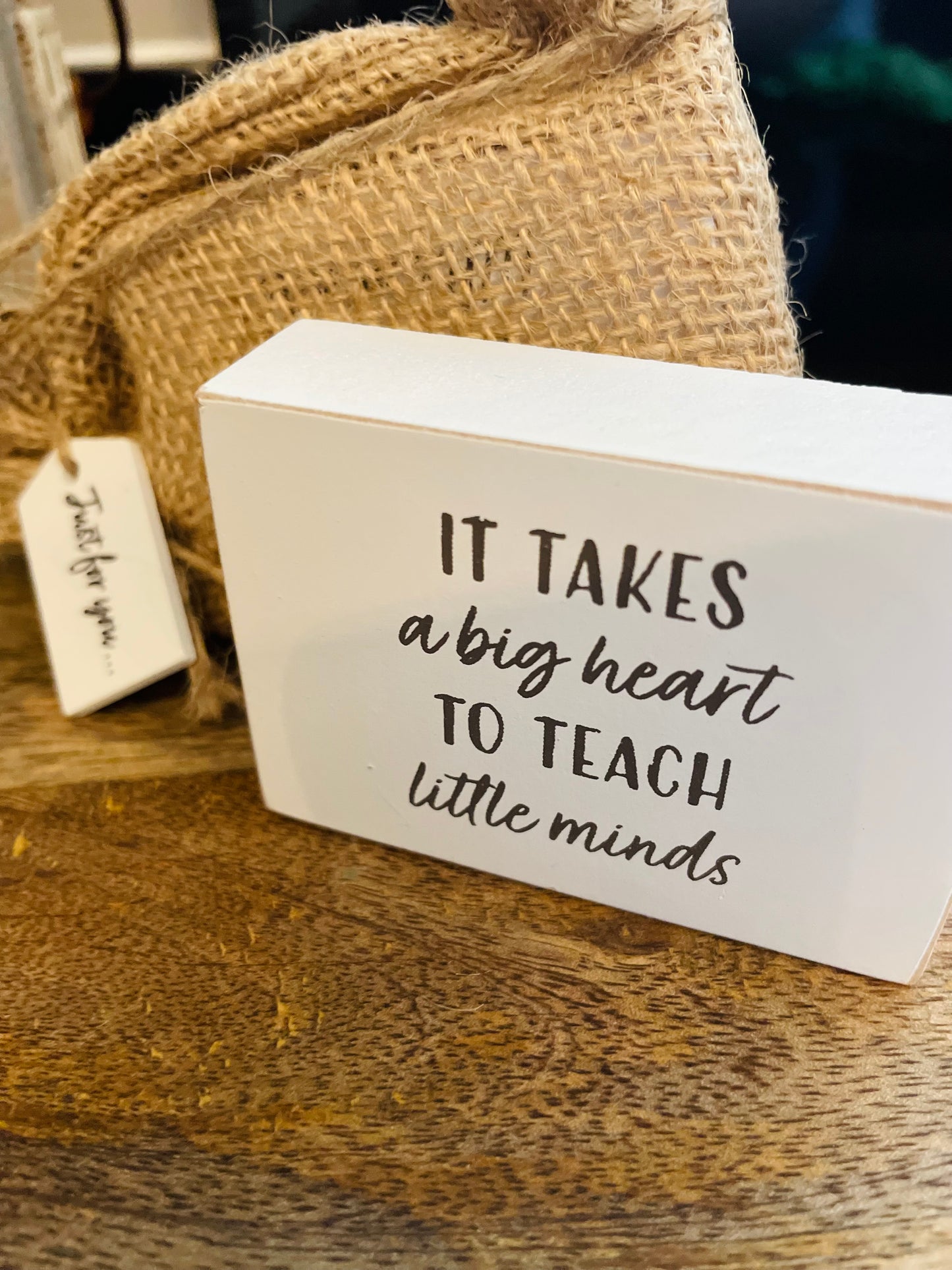 Teacher Wooden Gratitude Block With Hessian Gift Pouch
