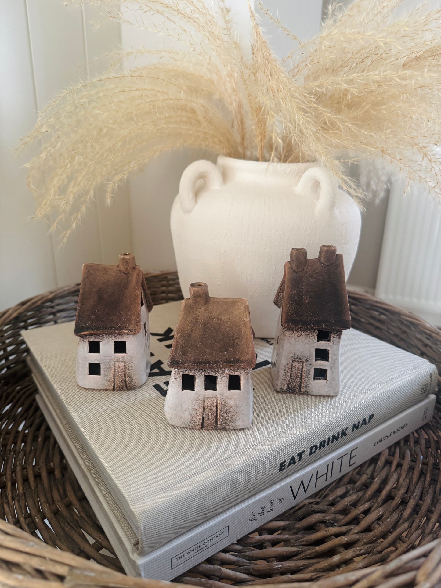 Set of 3 LED Speckled White Rustic Houses - 2 size options