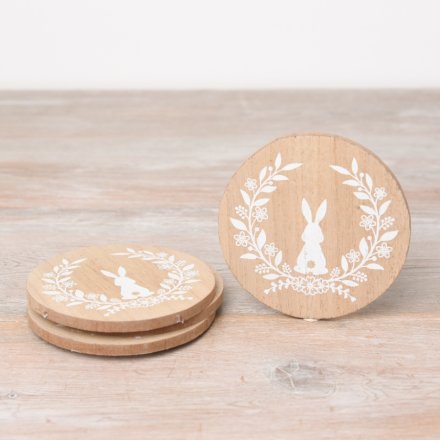 Round Wooden Bunny Coaster Set