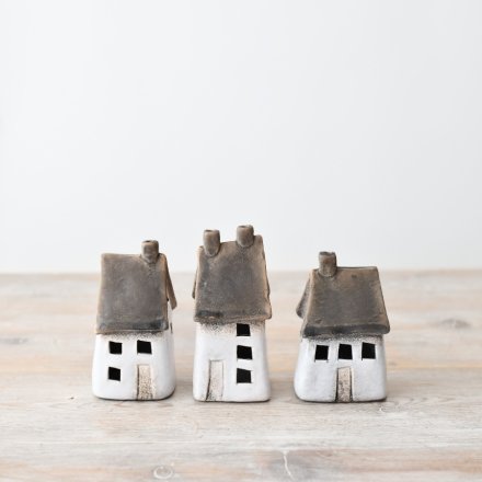 Set of 3 LED Speckled White Rustic Houses - 2 size options