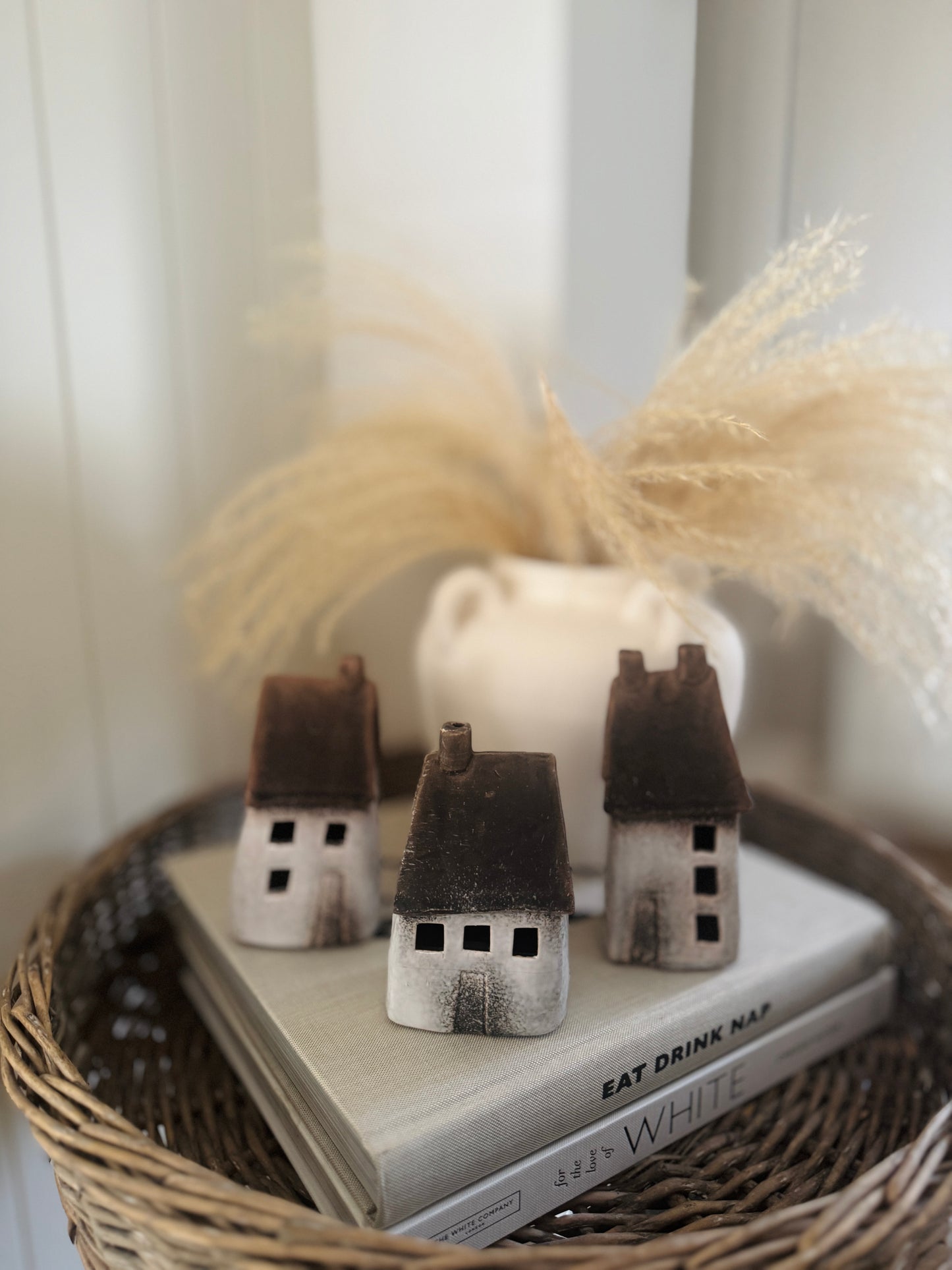 Set of 3 LED Speckled White Rustic Houses - 2 size options