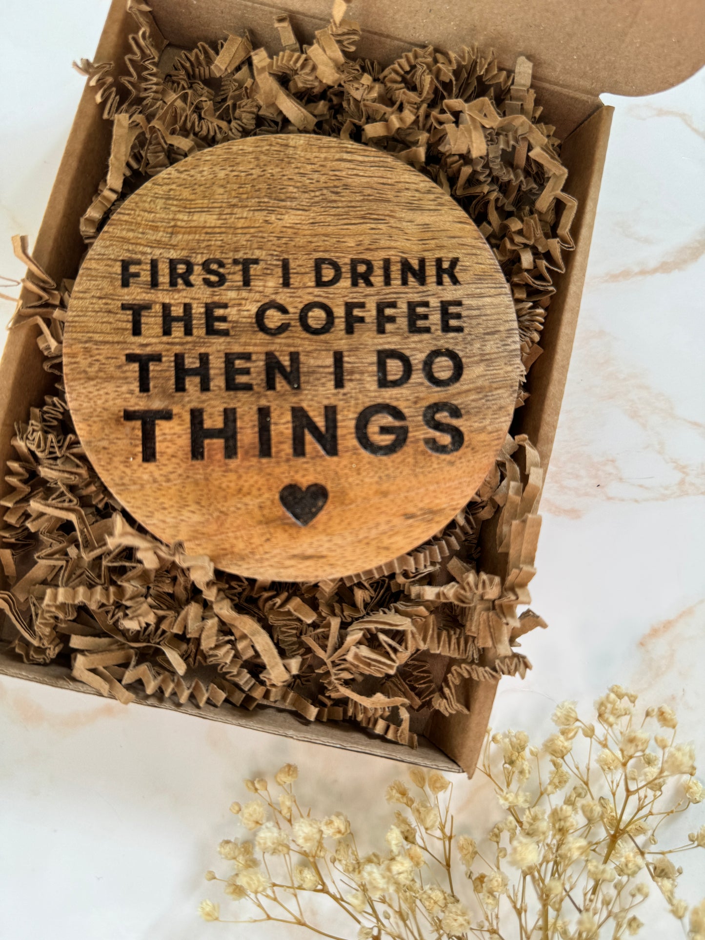 'First Coffee' Wooden Round Coaster