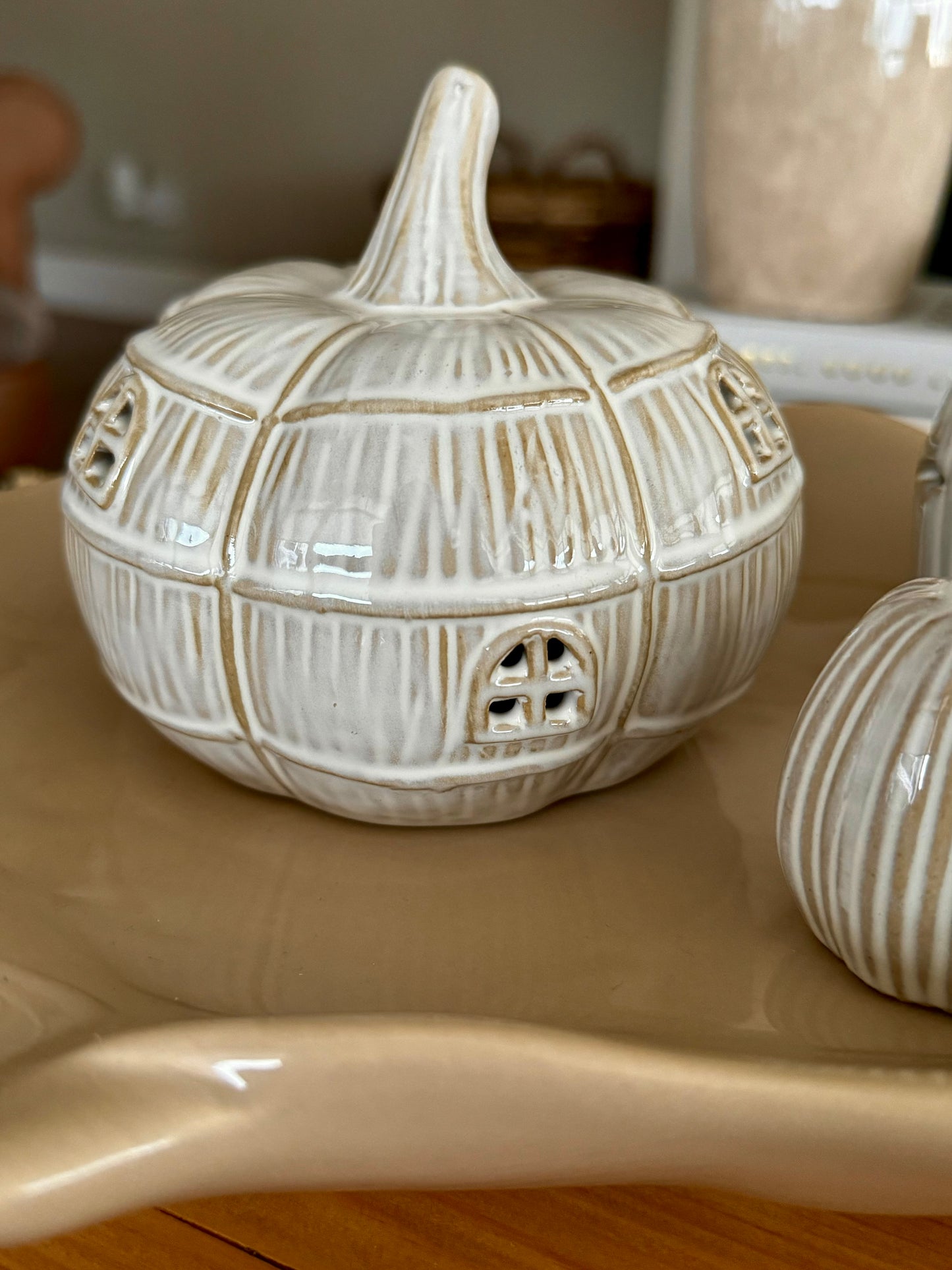 Natural Glazed Ceramic Light-Up LED Pumpkin House