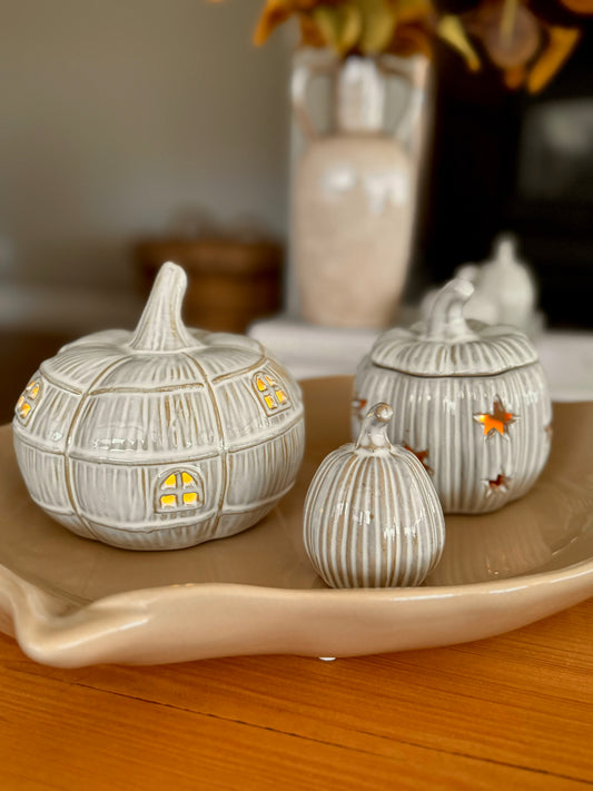 Natural Glazed Ceramic Light-Up LED Pumpkin House