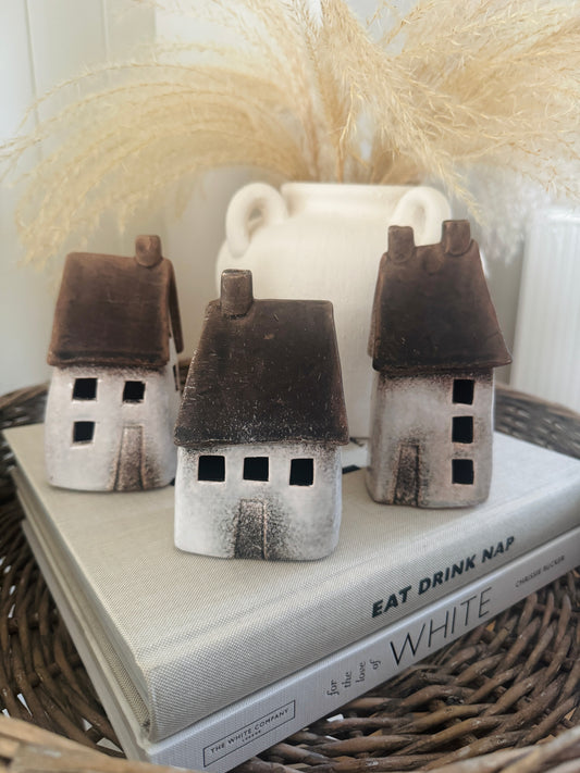 Set of 3 LED Speckled White Rustic Houses - 2 size options