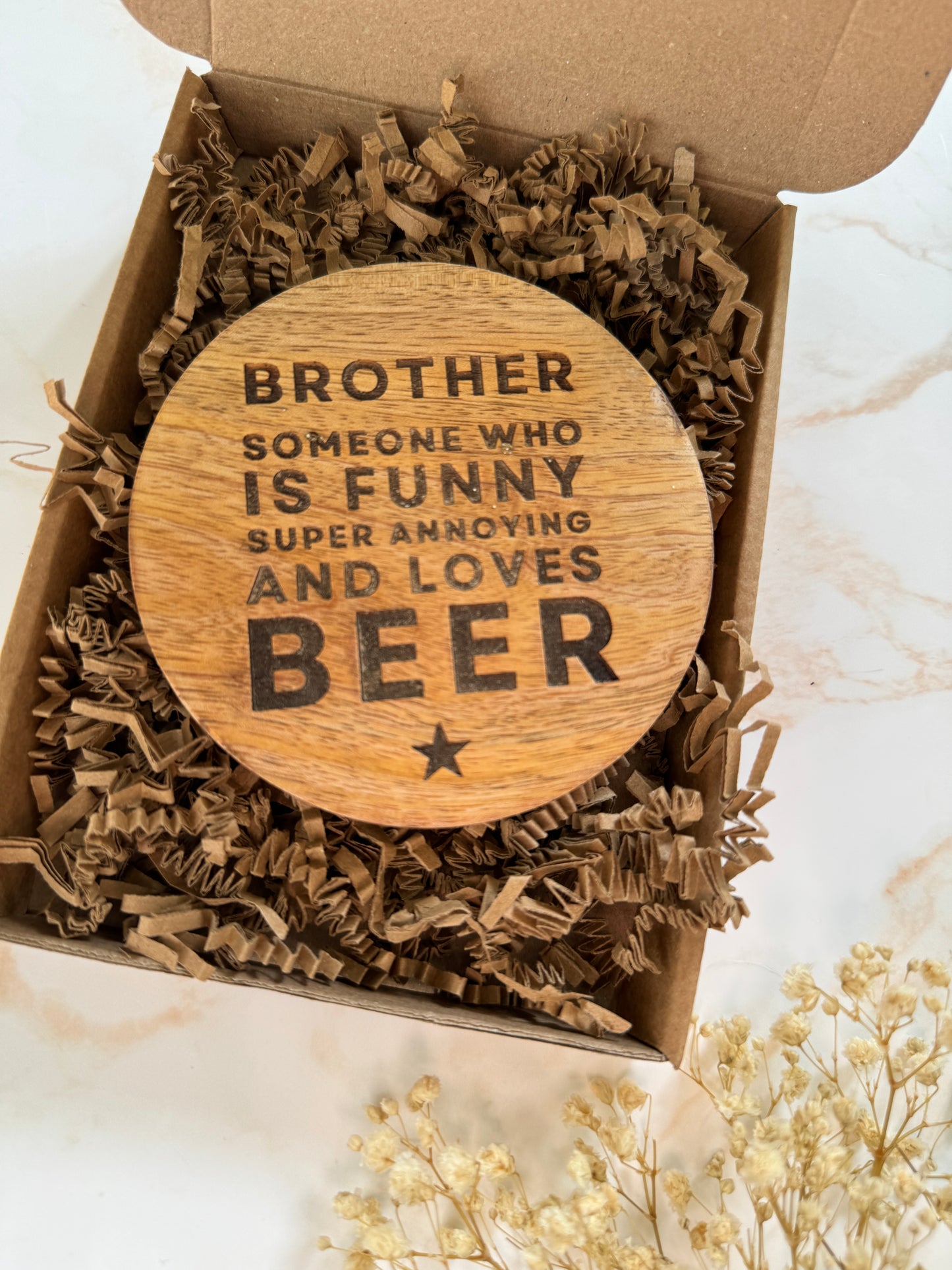 'Brother' Round Wooden Coaster