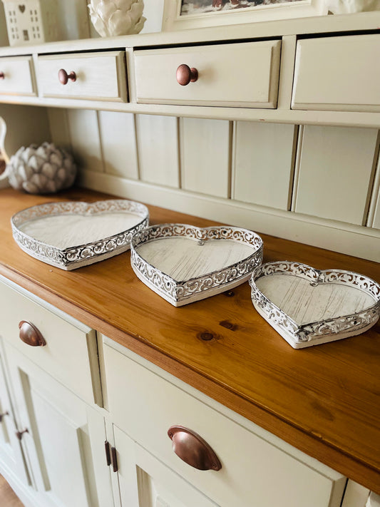 Rustic White Heart Trays - Set of 3