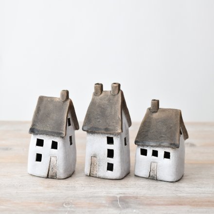 Set of 3 LED Speckled White Rustic Houses - 2 size options